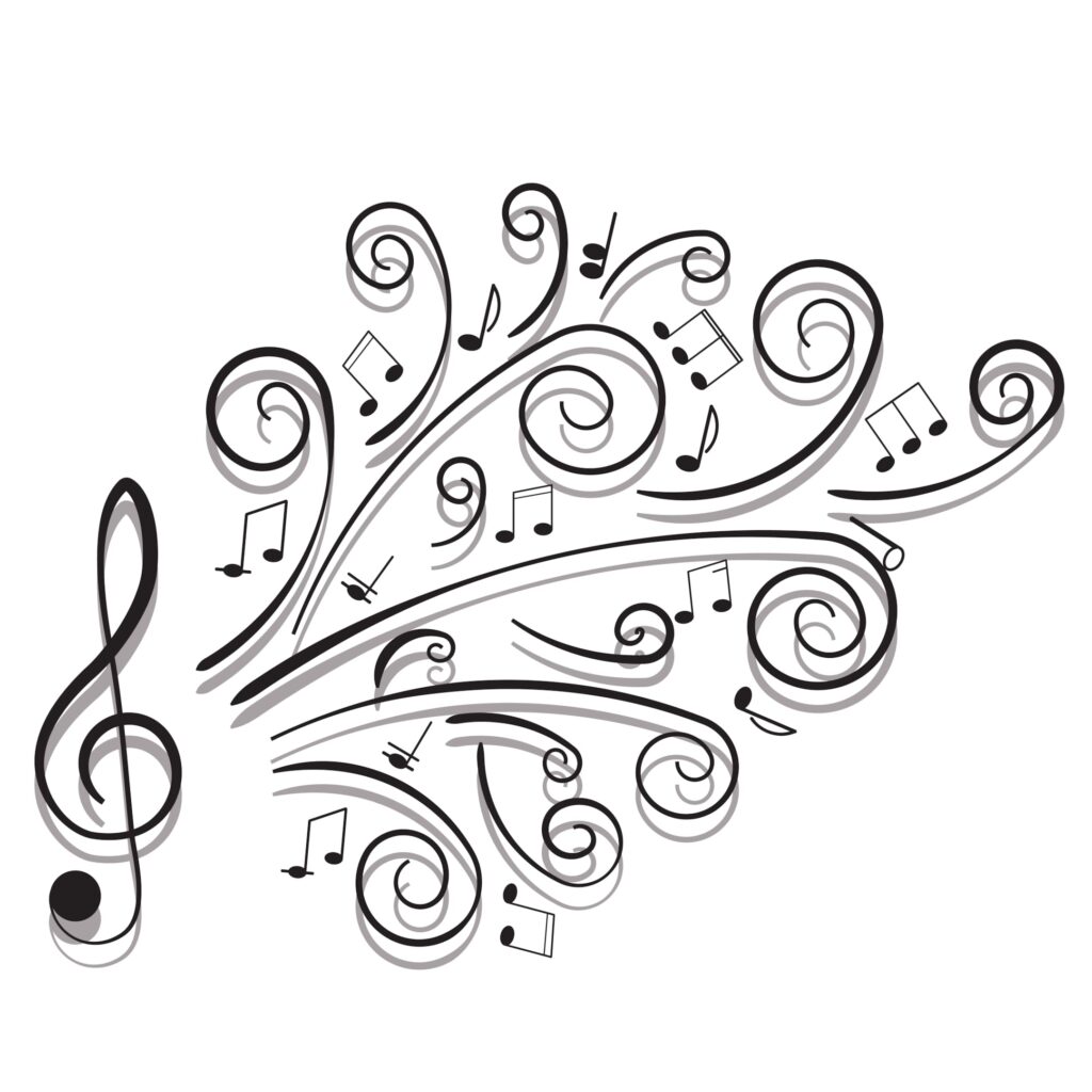 clip art of treble clef with notes cascading out of it in curls