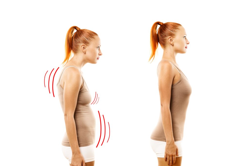 young woman demonstrating poor vs excellent posture in two frames 